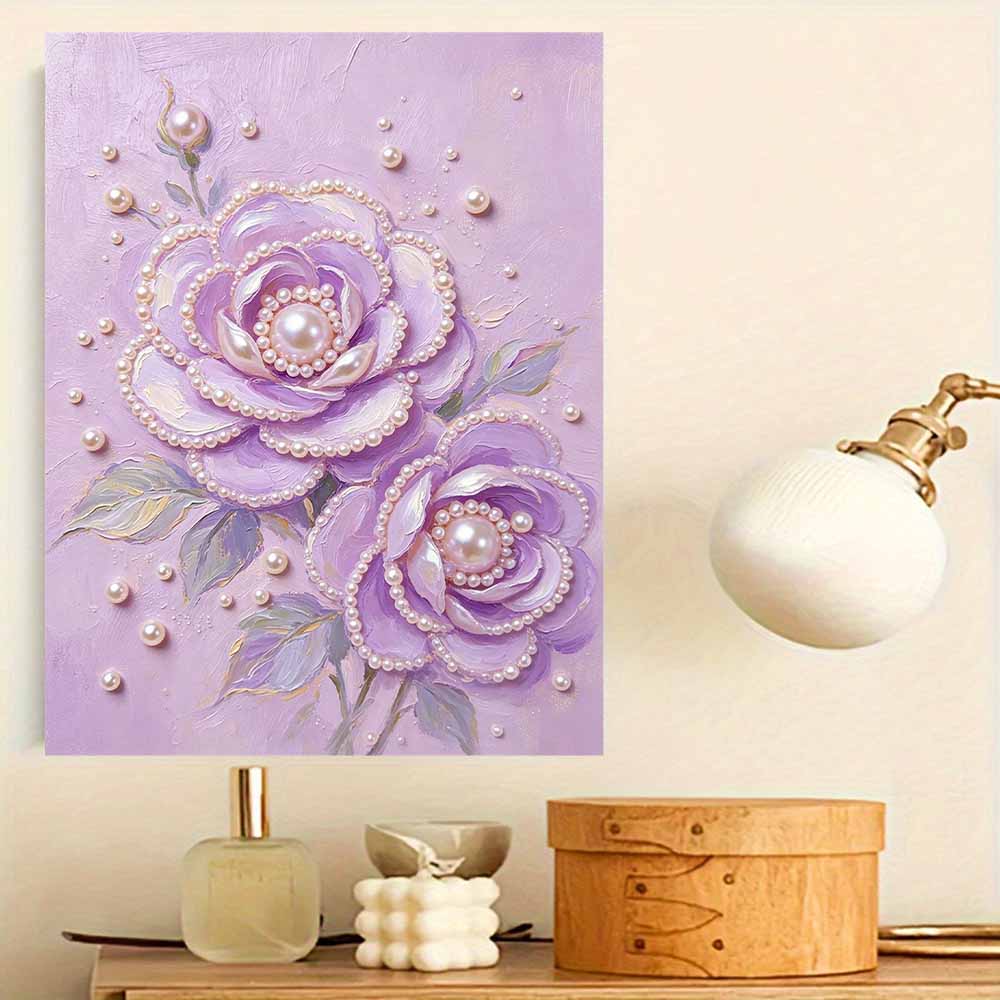 Purple Rose Flower 5D Pearl Painting Kit with Frame DIY Sparkling Bead Canvas Art Relaxing Handcraft Gift for Aesthetic Home Room Decor