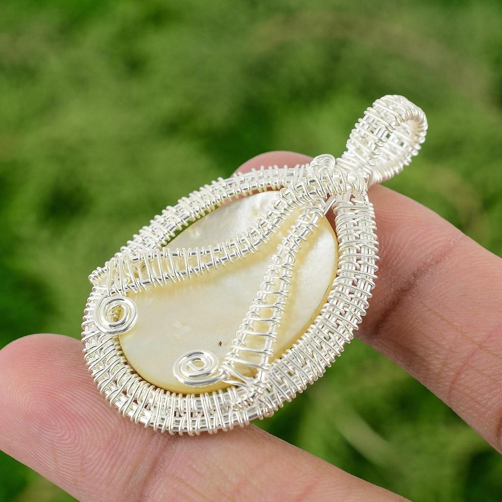 Daughters Day Sale 925 Silver Mother Of Pearl Gemstone New Wire Wrapping Pendant