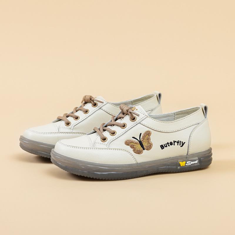 Women's White Leather Slip-On Sneakers - Spring/Autumn, Soft Sole, Butterfly Design, Casual Flats, Plus Sizes Available