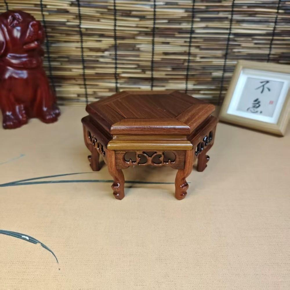Hand Carved Hexagon Wood Base Teapot Stand Wooden Display Stand Display Base Rack Living Room