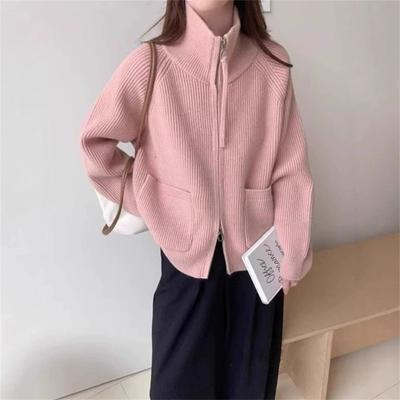 Einfache lässige Stehkragen Doppelreißverschluss Strickjacke Damen Herbst und Winter neu locker lässig vielseitige Pulloverjacke