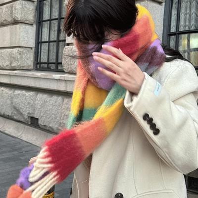 Yousheng Women Scarf Rainbow Color Striped Scarf with Plush Balls Tassel Winter Thickened Warm Couple Scarf Versatile Wear