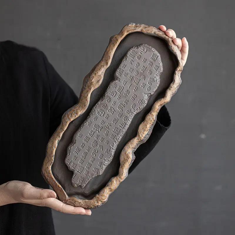 Vintage Tea Tray, Gilded Zen Heart Sutra Tea Tray, Coarse Ceramic Tea Tray, Household Water Storage, High-end Dry Brewed