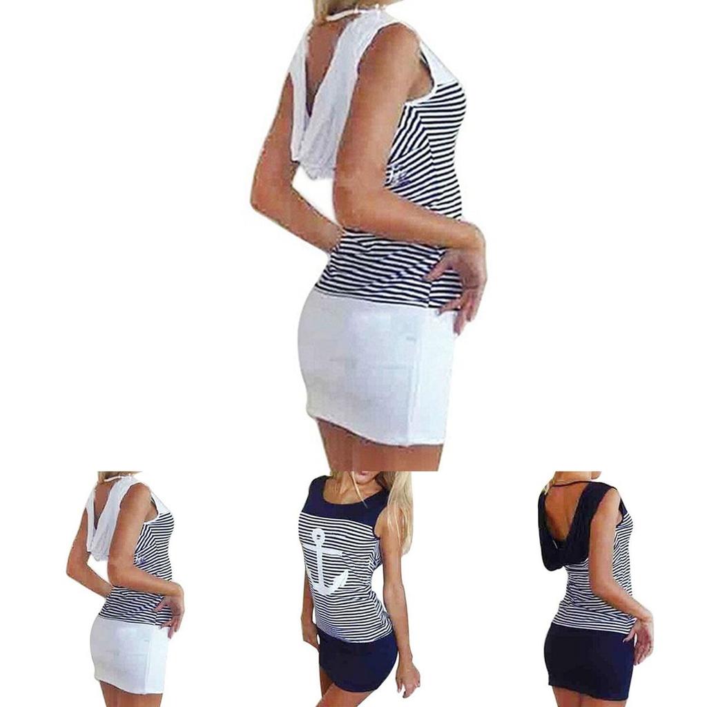 Vest Anchor Stripe Dress Sleeveless Tops Oneck Hooded Sexy Bodycon Mini Dresses