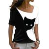 Diagonal Collar Black Cat Printed T-shirt Diagonal Collar Black Cat Print T-shirt