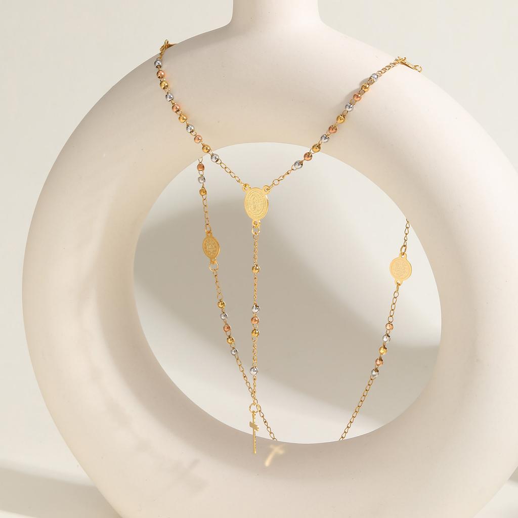 Prjewel Stainless Steel Virgin Vrand Three-Color Beaded Y-Shaped Necklaces for Women The Holy Spirit Cross Pendant Necklace New