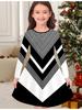 Mädchen Herbst- und Wintermode Kleid, 3D Geometrischer Musterdruck Rundhalsausschnitt Lang Kinder-T-Shirt Kleid, Lässig Vielseitig, Weihnachtskleidung