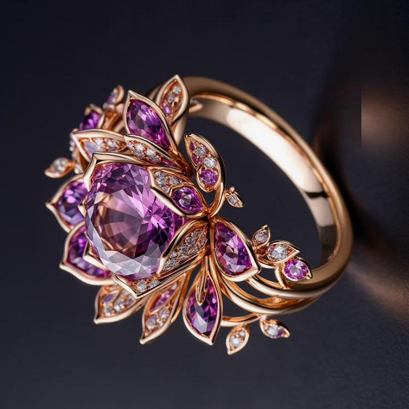 Vintage Gorgeous Pink Synthetic Zirconia Lotus Handmade Ring Women's Elegant Delicate Dating Engagement Jewelry Accessories Gift