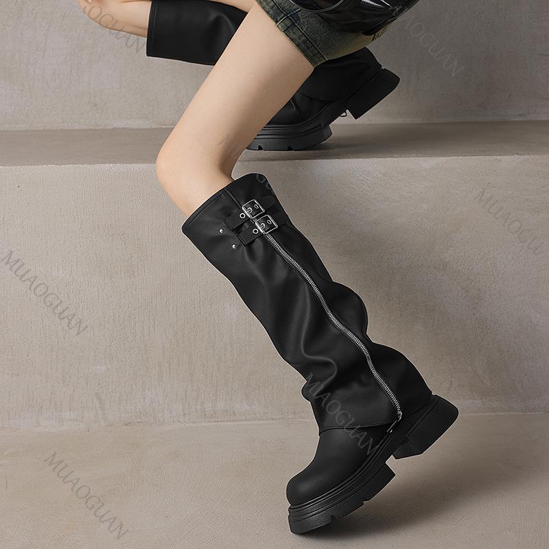Fashion Women Knee High Boots Female Platform Thick Heel Black Trouser Boots Belt Buckle Pleated Stacked Female Autumn Fashion Shoes