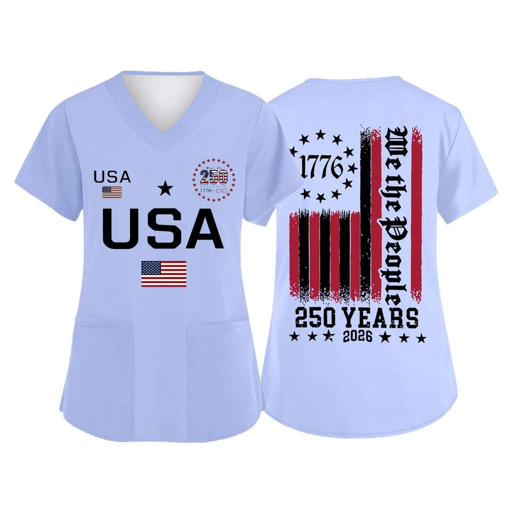 Women's V Neck Short Sleeve Work Shirt with Pockets USA Independence Day Print Medical Uniform Top for Caregivers and Healthcare Professionals