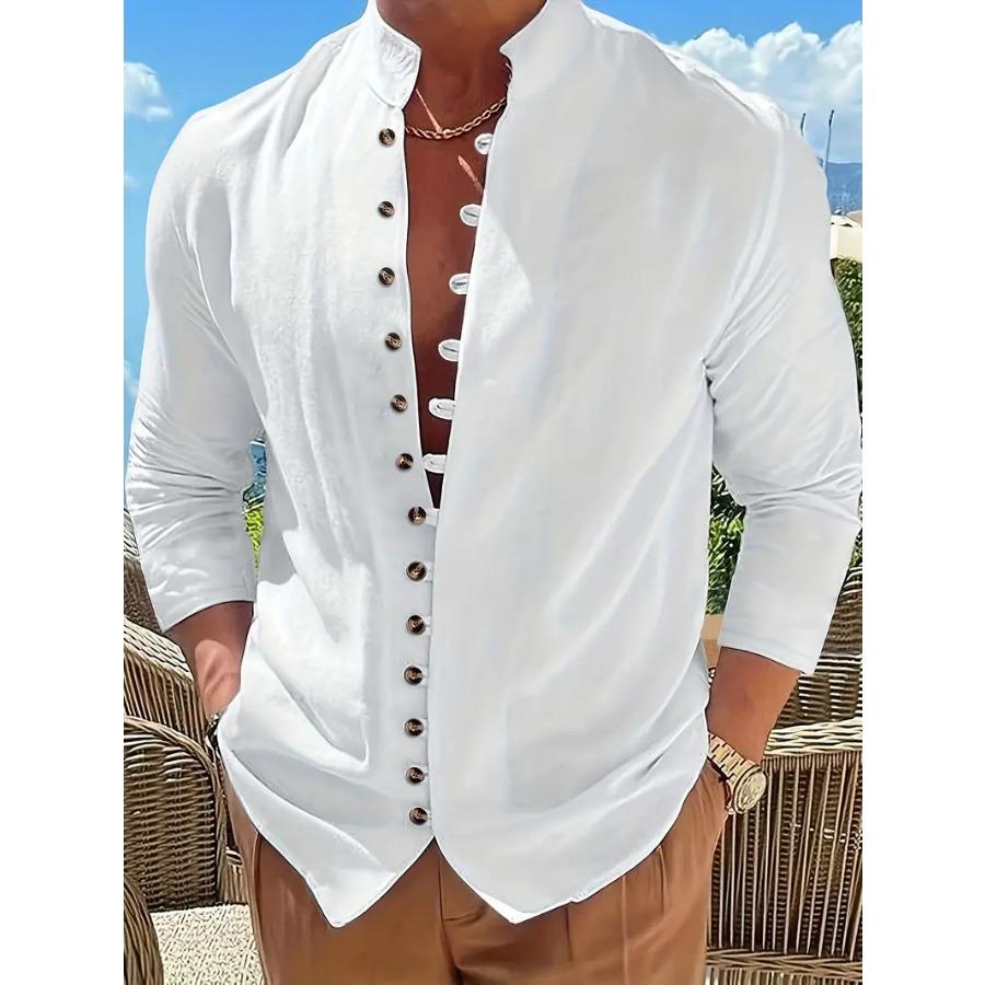 Camicia da uomo in cotone e lino, stile retrò, taglie forti, tinta unita, a maniche lunghe, con bottoni e collo alto, primavera autunno, all'aperto