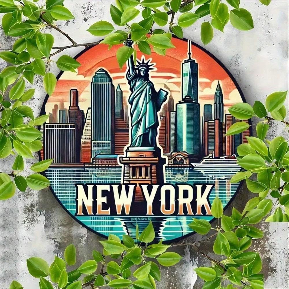 

Vintage NYC Skyline Metal Wall Art Modern Aluminum Gold Statue Of Liberty 20x20