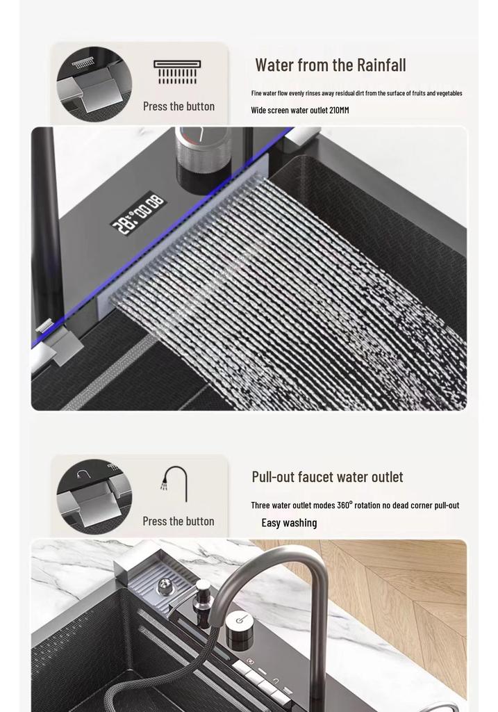 Large Single Bowl Kitchen Sink: 304 Stainless Steel Digital Display with Nano Honeycomb & Waterfall Features