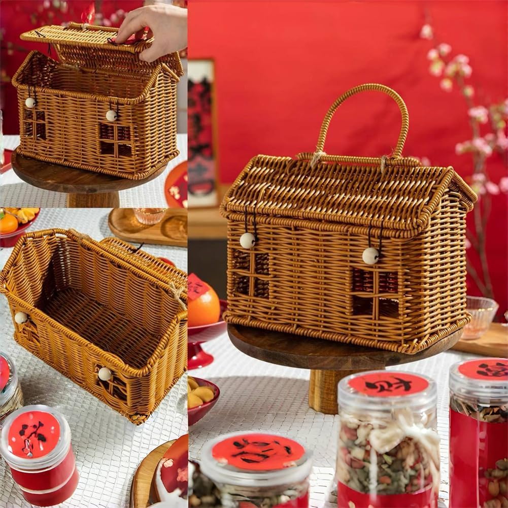 House-Shaped Wicker Basket with Lid - Handwoven Rattan Storage Basket for Home Decor, Kids Picnic, Organizer | Decorative Brown Woven Gift Box,