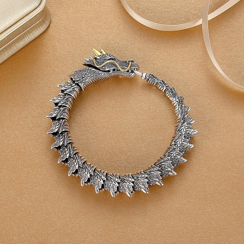 2026 Bracelet Male Faucet Domineering Personality Trendy Male Retro Niche Design Advanced Sense Dragon Shape Dragon Scale Silver Hand 18CM