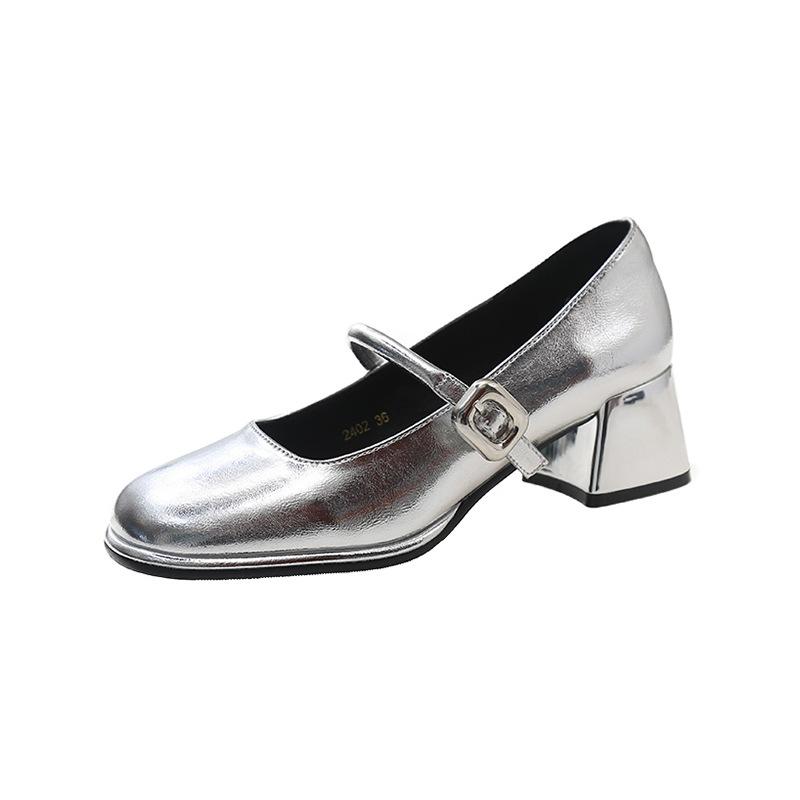 Medium heel Mary Jane shoes 2025 spring new French princess silver thick heel waterproof table single shoes women's small silver shoes