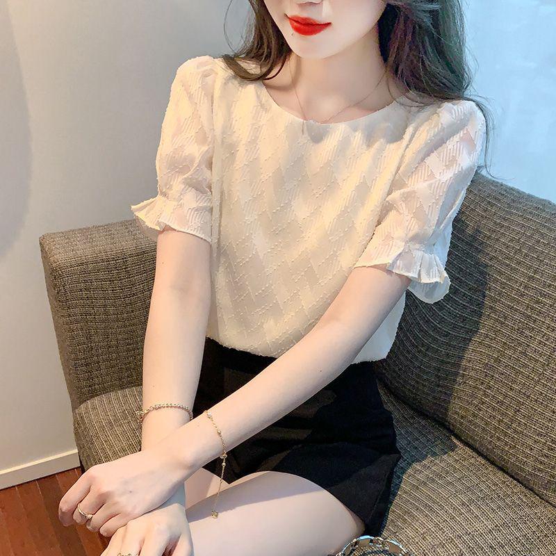 Summer 2023 Women's Western-Style Chiffon Blouse - Short Sleeve, Elegant, Age-Defying Top