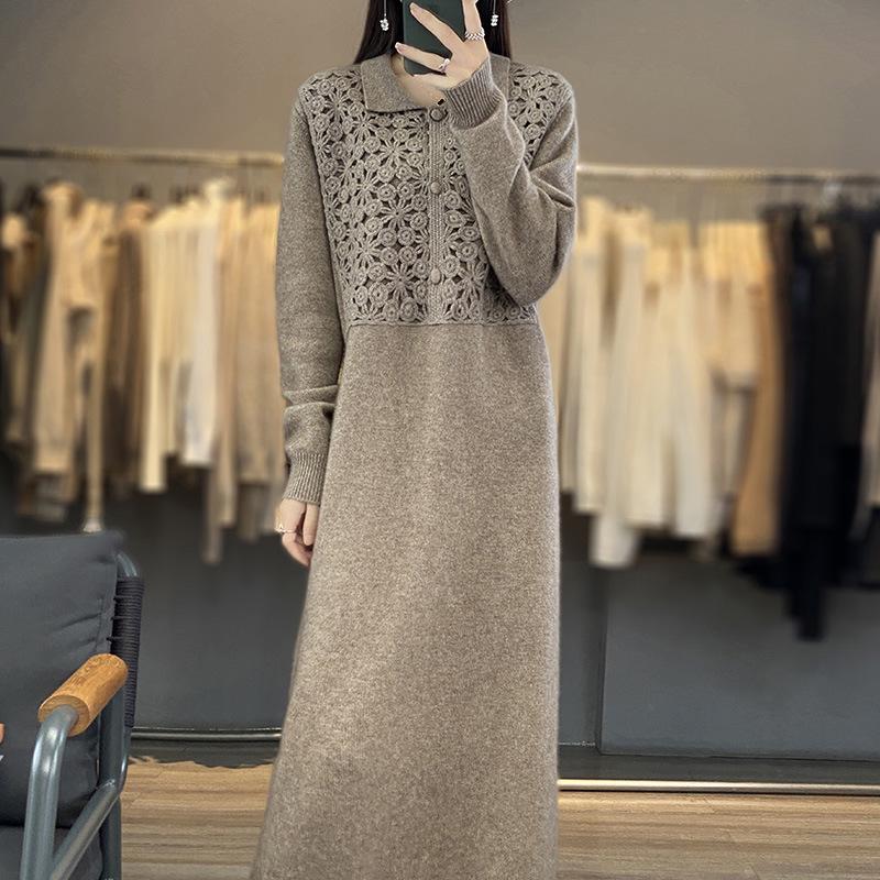 Floral Patchwork Crochet Shirt Collar Australian Wool Retro Long Skirt for Women - 2026 New Style.