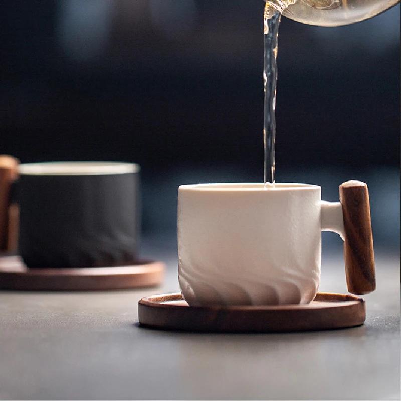 Wooden Handle Ceramic Coffee Cup Kung Fu Teacup Frosted Ceramic Mug Household Drinking Utensils Home Decoration Latte Flower Mug