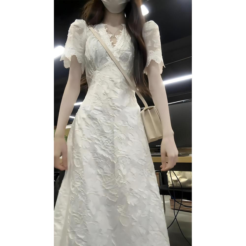 

Сладкое платье женское летнее с V-образным вырезом нежное платье принцессы с завышенной талией длинное платье XL- (recommended 110-60kg)