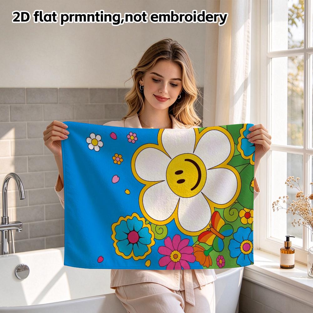 Smiley Daisy Print Lightweight Bath Towel, Soft Absorbent Beach Towel