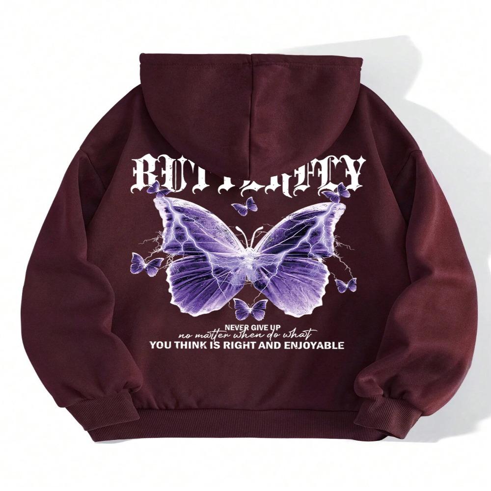 Felpe con Cappuccio Stampa Farfalla Viola Bellissime Donna Tasca in Pile Felpa con Cappuccio Semplice Casual Autunno Ampia Streetwear Femminile