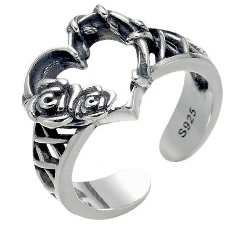 Adjustable Open Ring With Hollow Heart Rose Design Sterling Vintage Style Unisex Fashion Jewelry