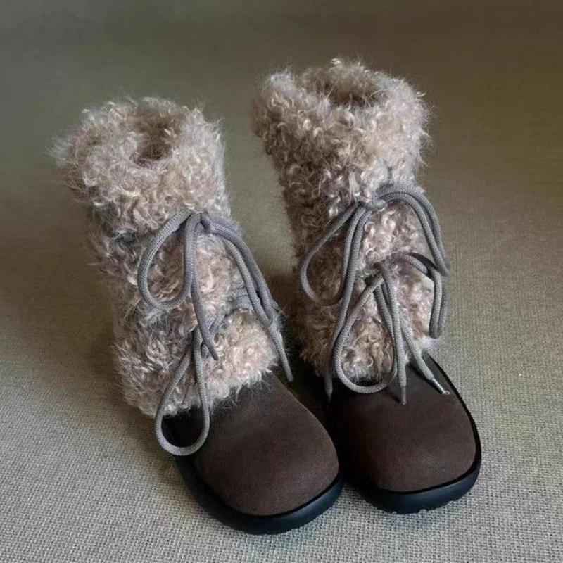 

New Women s Plush Boots Casual Shoes 2026 Winter Warm Plush Snow Boots Sports Hiking Shoes Lace-up Ankle Boots 35