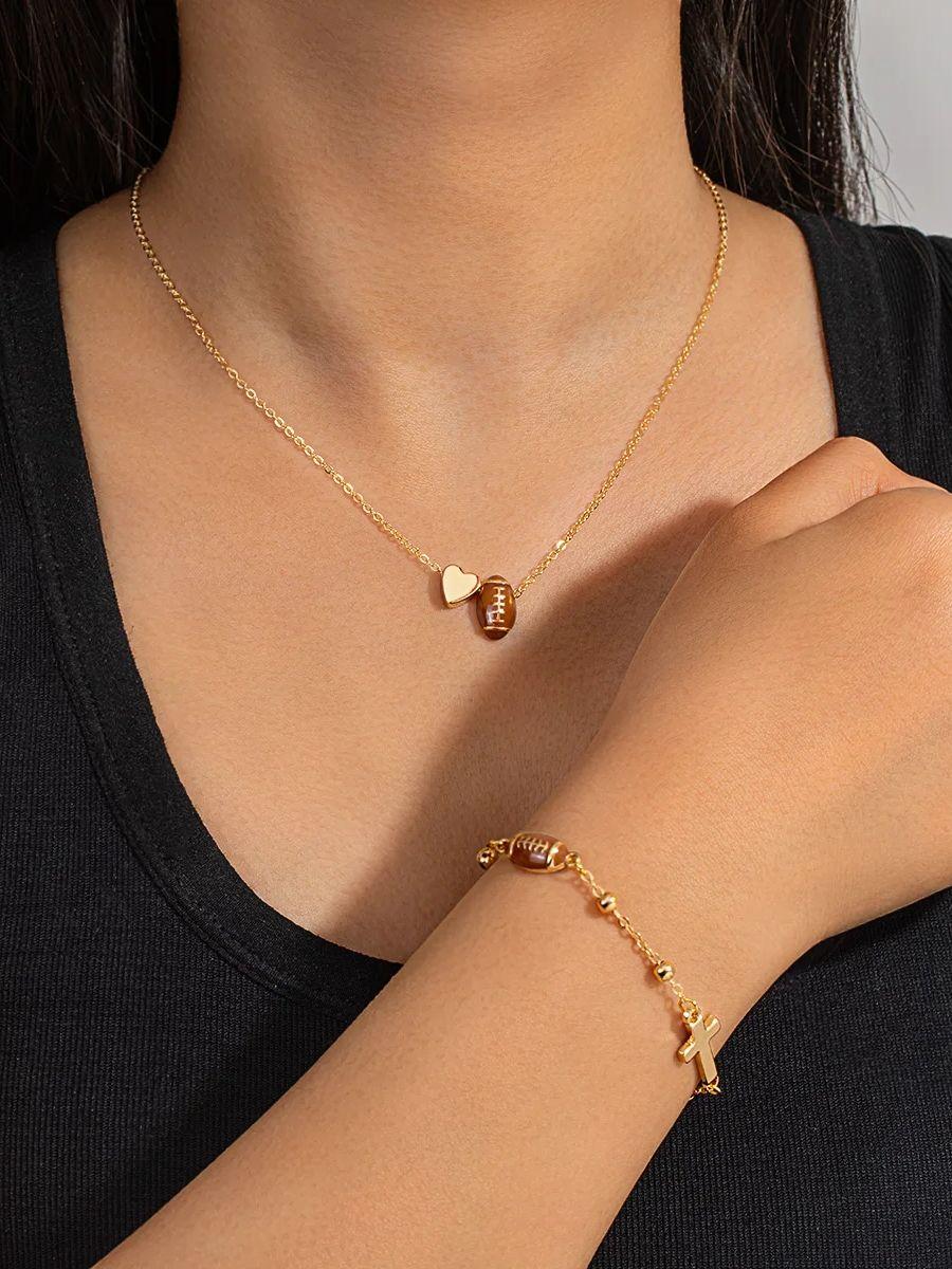 Rugby Love Cross Necklace & Bracelet Set, Sports-style Niche Design Jewelry