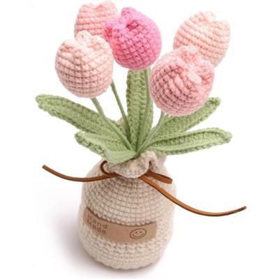 6PCS Flores de Crochê Tecidas Artificiais Tricô Feito à Mão Tulipa Flores Falsas com Hastes para Decoração de Mesas de Dia dos Namorados Casa Casamento Festa Escritório