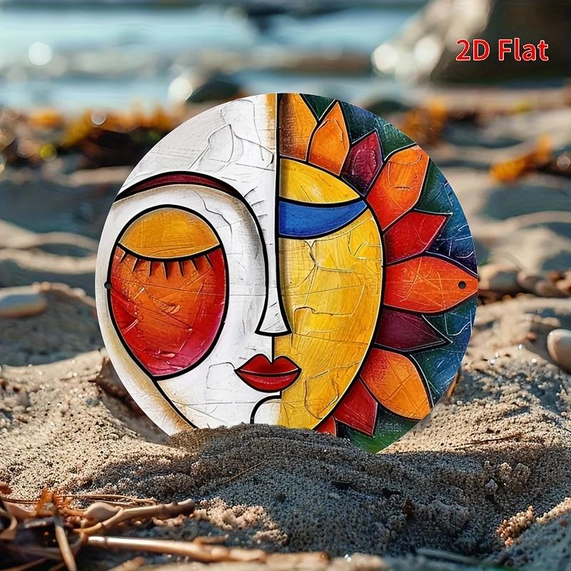 Boho Sun Moon Face Crackled Art Tin Sign Vintage Durable Metal Plaque Wall Decor Abstract Bohemian Home Office Wall Art 20x20cm(8x8inch)