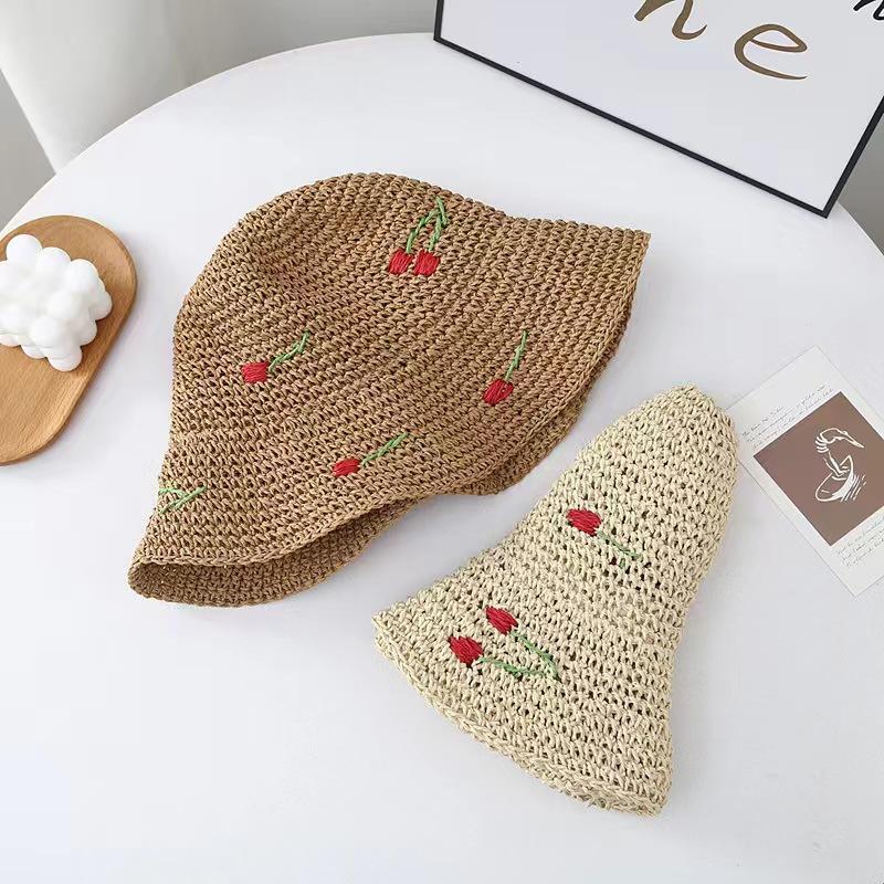 Summer hat cherry visor female hollow straw hat ultraviolet big brim face protection sun bucket hat beach