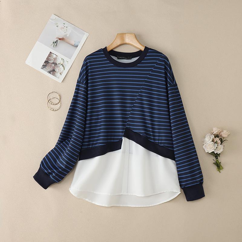 ZANZEA Women Casual Round Neck Long Sleeve Stripe Patchwork Pullover Tops