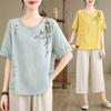 Mid-Age Women's Summer Cotton Linen Embroidered Two-Piece Set: Short Sleeve Top & Pants, Plus Size, Loose Fit