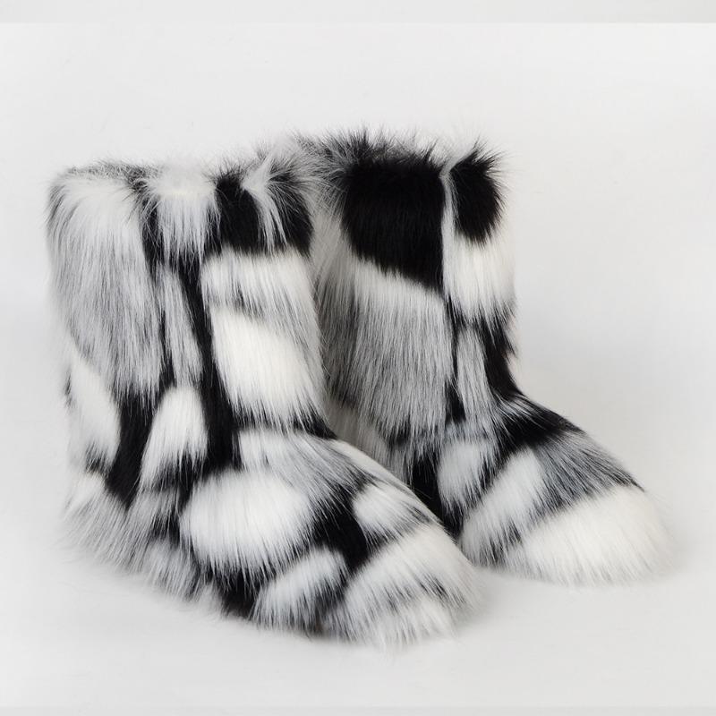Flat heel high top warm winter furry boots deep mouth round head medium tube imitation fox fur snow boots women