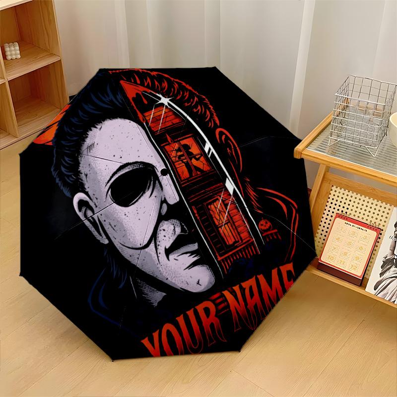 Custom Text Automatic 8 Bone Umbrella, Portable Sun Rain Protection UmbrellaHalloween Michael Myers