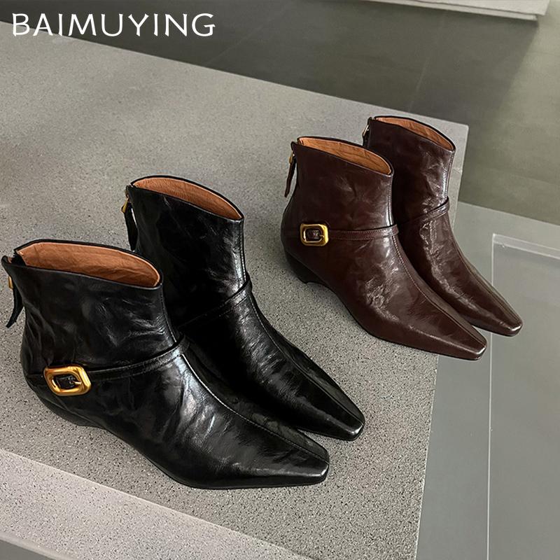 Pointed Toe Women Ankle Boots Designer Leather Mid Heels Shoes 2025 Trend Winter New Fashion Chelsea Boots Goth Botas De Mujer