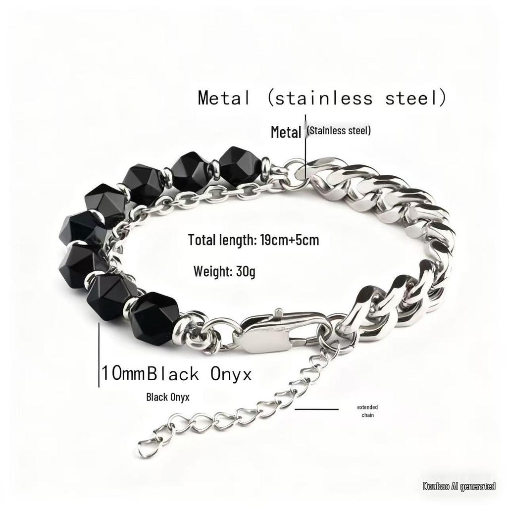 Stainless Steel Black Agate Men's Bracelet - New Chinese Style Jewelry