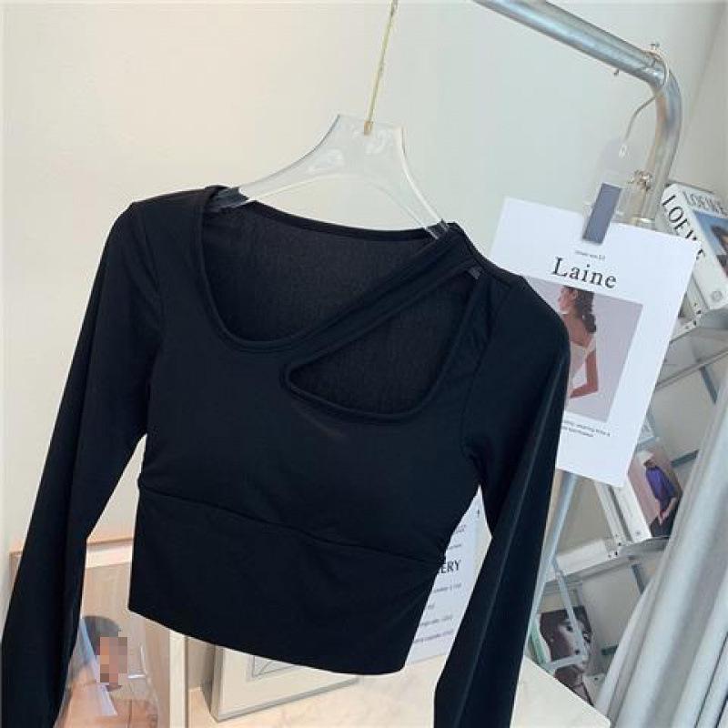 

Women s One-Shoulder Yoga Top with Chest Pad – Long Sleeve, Hollow Out Design, Sexy Fitness Wear Extra Extra Small чёрный