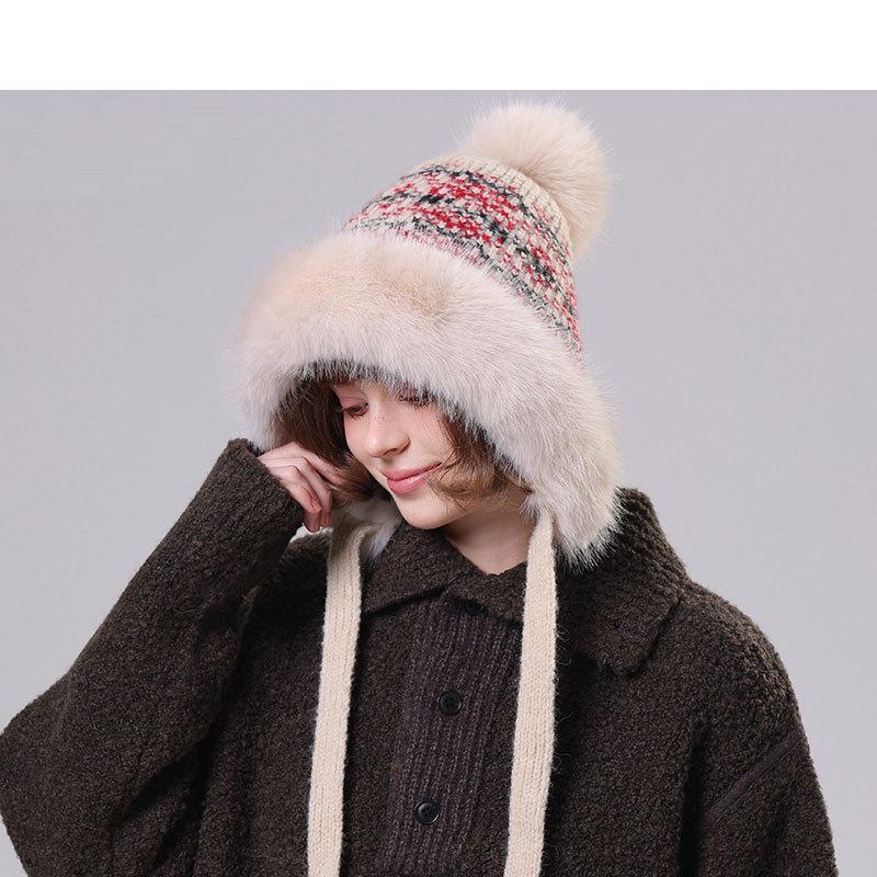Winter Retro Big Fur Collar Fur Ball Knitted Hat Women's Outdoor Windproof Face Protection Hat