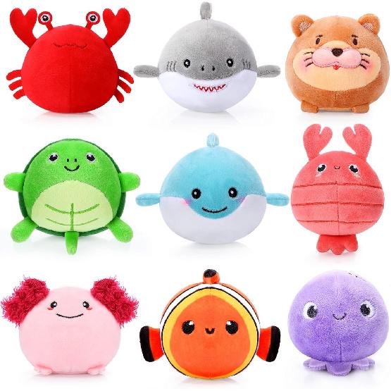 9 Pcs Mini Sealife Stuffed Animals 3.15 Inch Stuffed Shark Turtle Ocean Animal Plushies for Birthday Ocean Party Decors Gift Bag Fillers Valentines