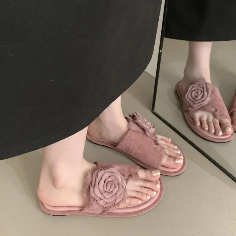Women's Flat Slippers Elegant Solid Color Home Round Toe Clip-toe Flip-flops Summer Fairy Style Flower Designer Zapatillas Mujer