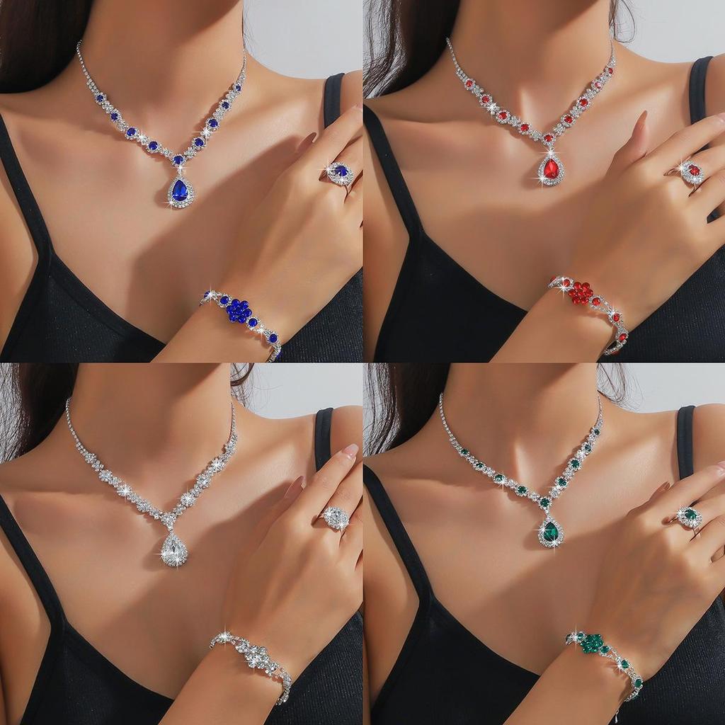 European & American Multi-Color Rhinestone Jewelry Set: Green, Blue & Red Necklace, Earrings, Bracelet & Ring