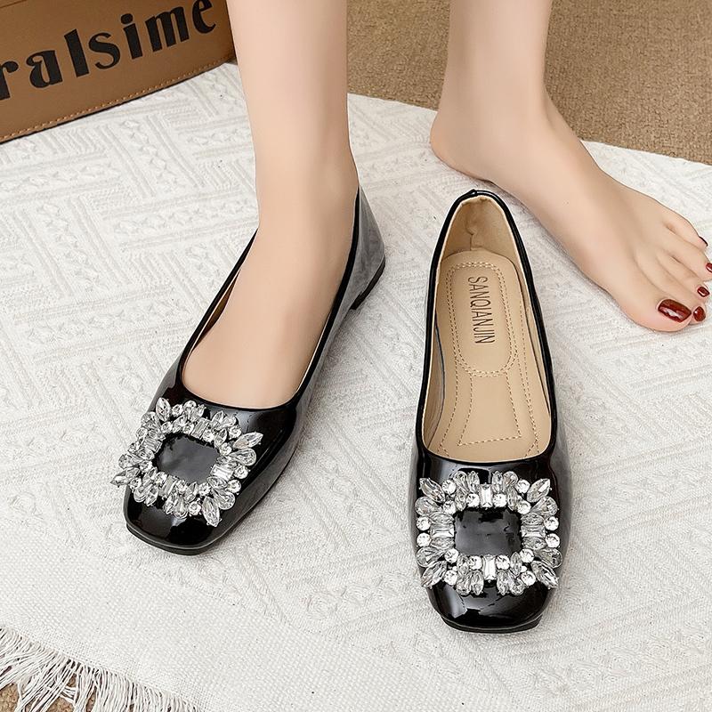 Fashion Spring New Single Shoes Women's Fashion Square Head Shallow Mouth Glitter Soft Soled Waterproof Non-slip Flat Shoes