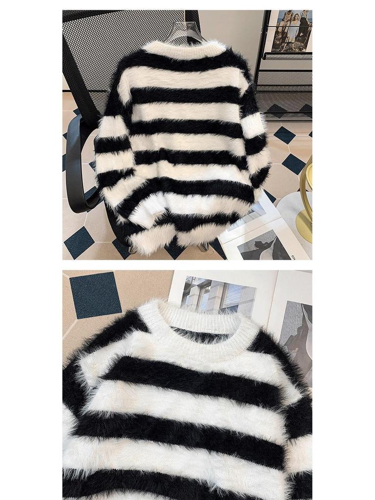 Men's Thick Striped Mink Velvet Sweater - Loose Fit Round Neck, Trendy Teen/Student Sports Knitwear for Autumn & Winter