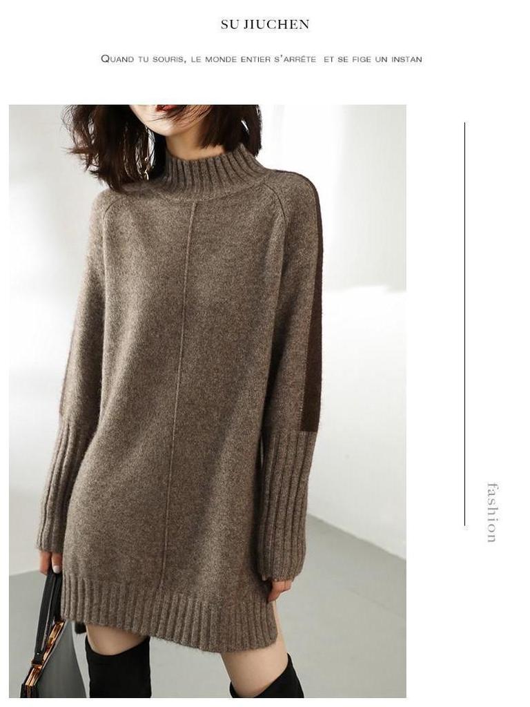 Women's Mid-Length Knitted Wool Sweater Dress with Half-High Neck and Slit – Fashionable and Loose for Autumn and Winter.