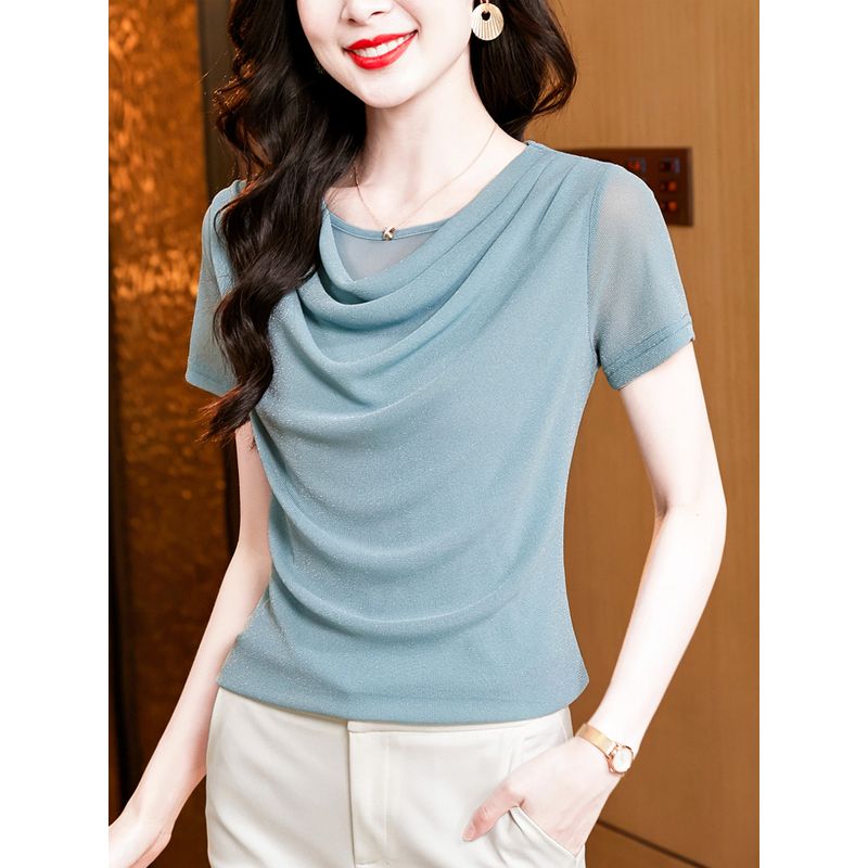 Size Women's Clothing Chubby Girl Summer New Arrival Pure Color Silm Swing Collar Mesh Slimming Short Sleeve T-shirt Easiest for Match 8 Color Women