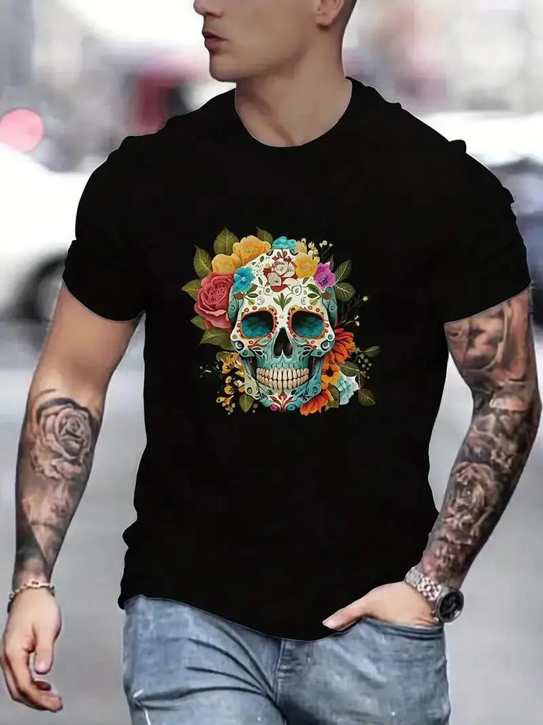 Skull And Flowers Print Tees For Men, Casual Crew Neck Short Sleeve T-Shirt, Comfortable Breathable T-shirt For All Seasons#Color