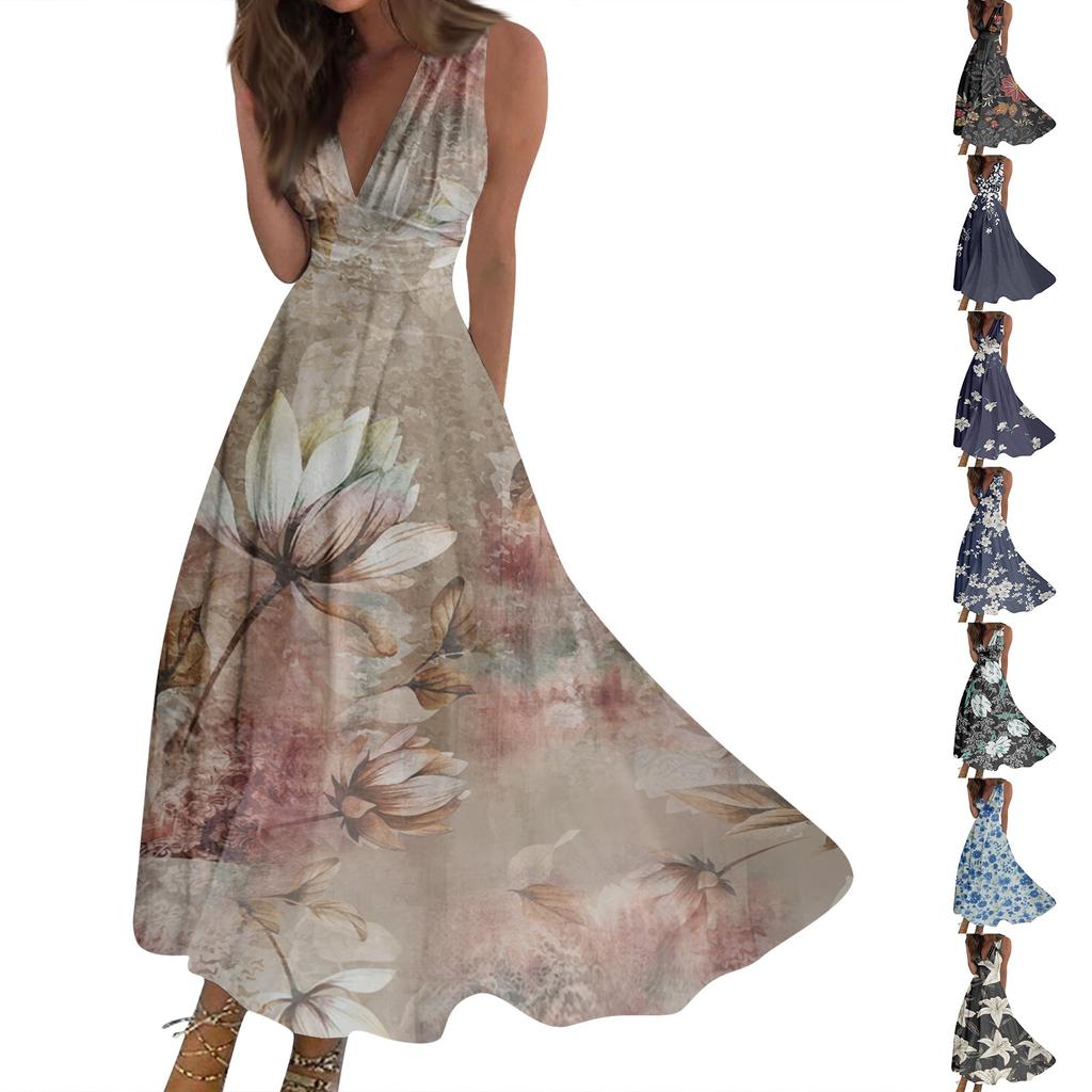 Women's Long Dress Dress Casual Dress Swing Dress A Line Dress Floral Fashion Streetwear Outdoor Daily Date Print Sleeveless V Neck Dress