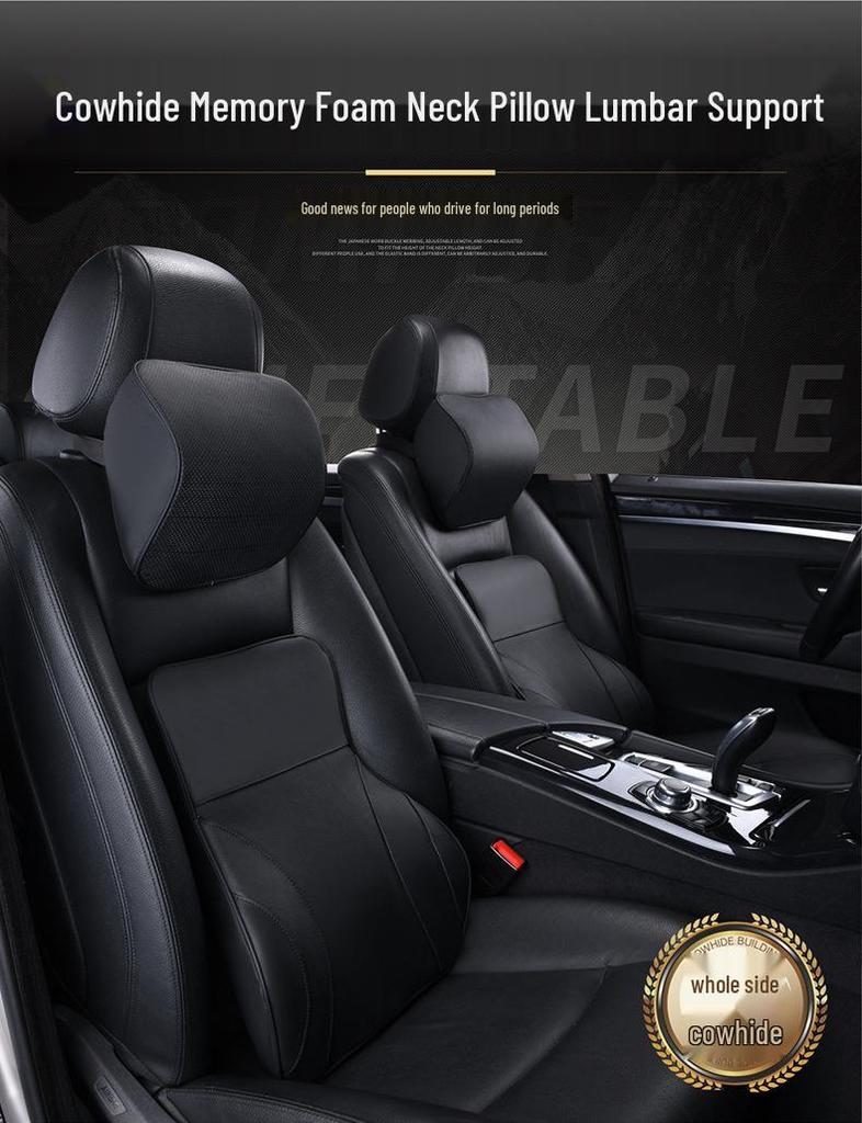 Customizable Mazda Leather Lumbar Support & Neck Pillow Set for Cars—Memory Foam, Cowhide, with Option to Add Logo